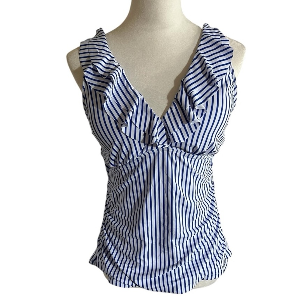 Flattering Yonique Striped V-Neck Ruffle Tankini Top